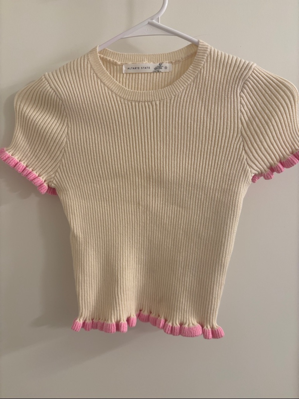 Altar'd State Cream Ribbed Knit Cropped Tee with Pink Ruffle Trim